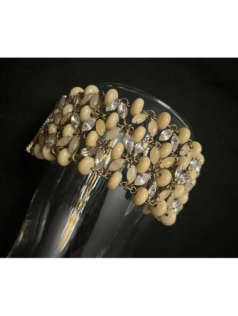 Vintage Gold-Tone Cream Bead and Crystal Wide Cuff Bracelet